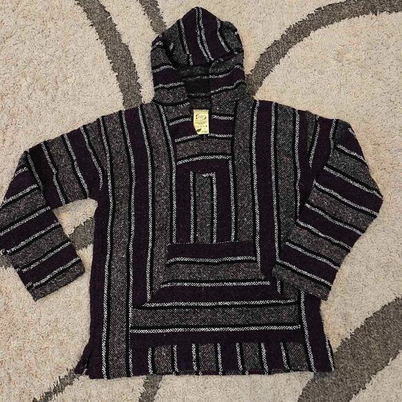 Franks Textiles Men L purple Black Mexican BAJA Poncho Hoodie Pullover Shirt Top - Picture 1 of 7